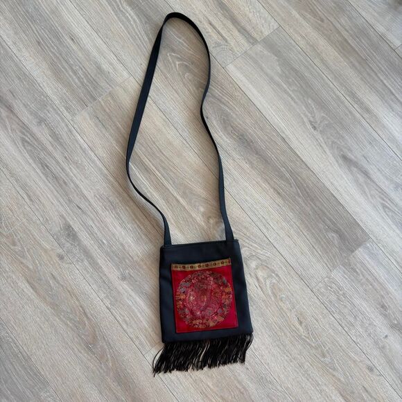 Chateau Handbags - Chateau Vintage 90's / Y2K Black Red & Gold Asian Medallion Crossbody Bag Fringe